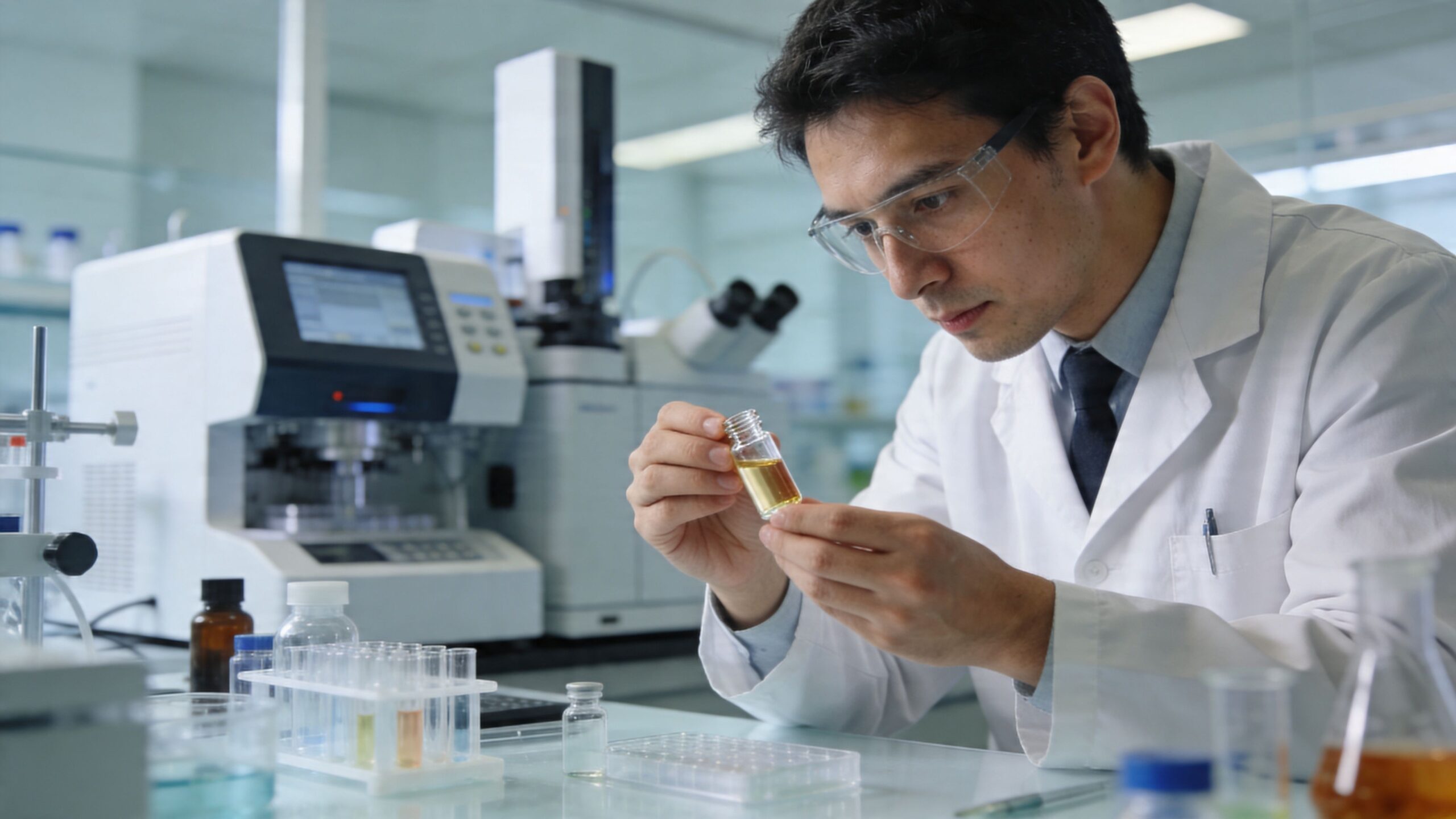 A professional chemist in a laboratory analyzing a small glass vial filled with a yellow liquid extract.