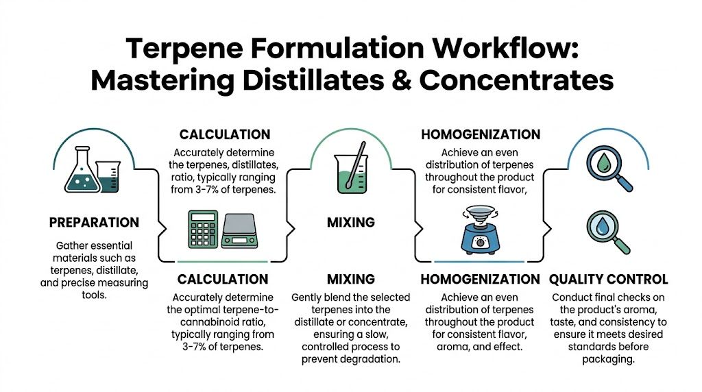 An infographic detailing the five-step workflow for formulating terpenes into distillates and concentrates for consistent quality.