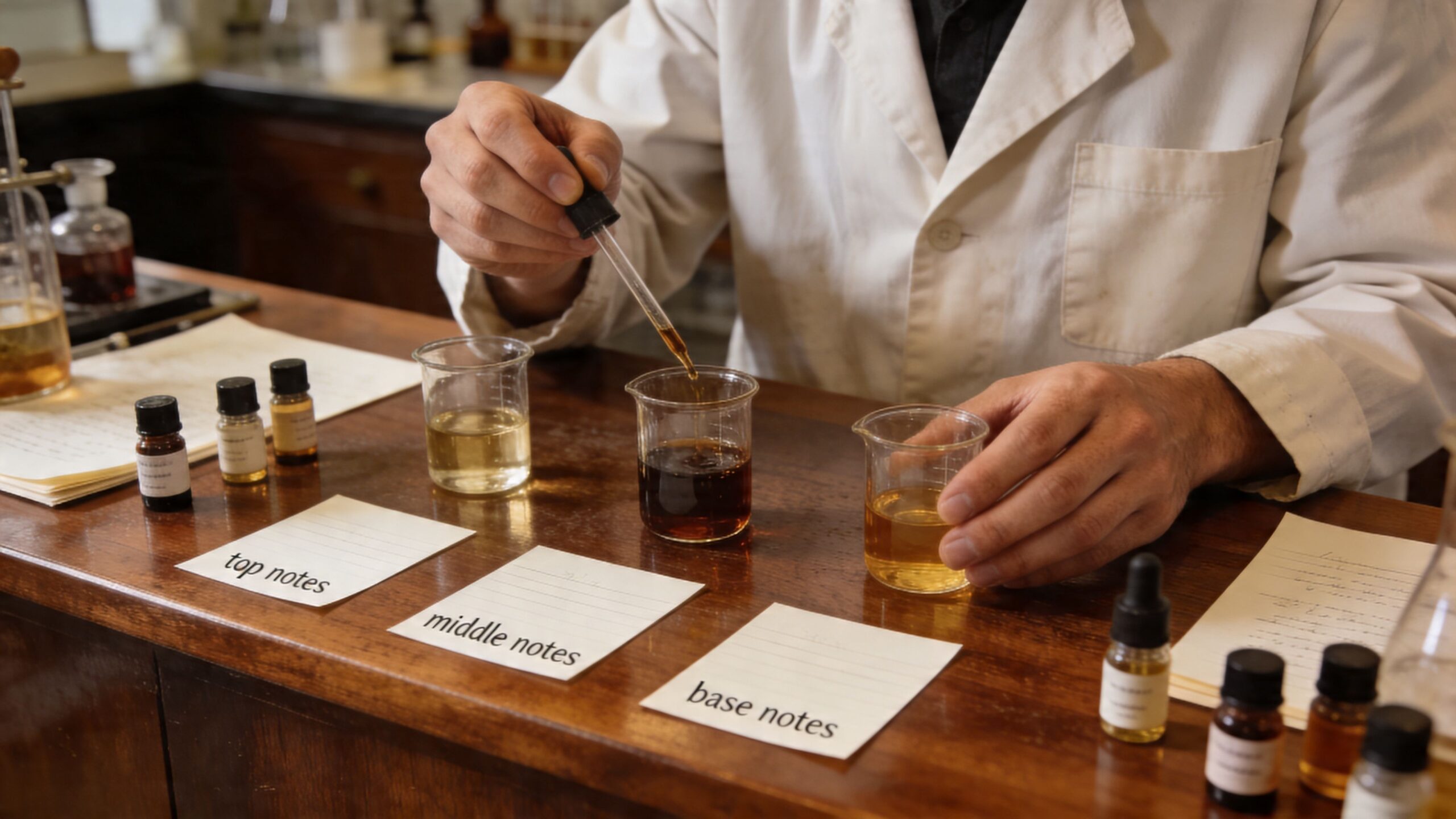 A perfumer in a white lab coat meticulously blending essential oils into a beaker in a laboratory.