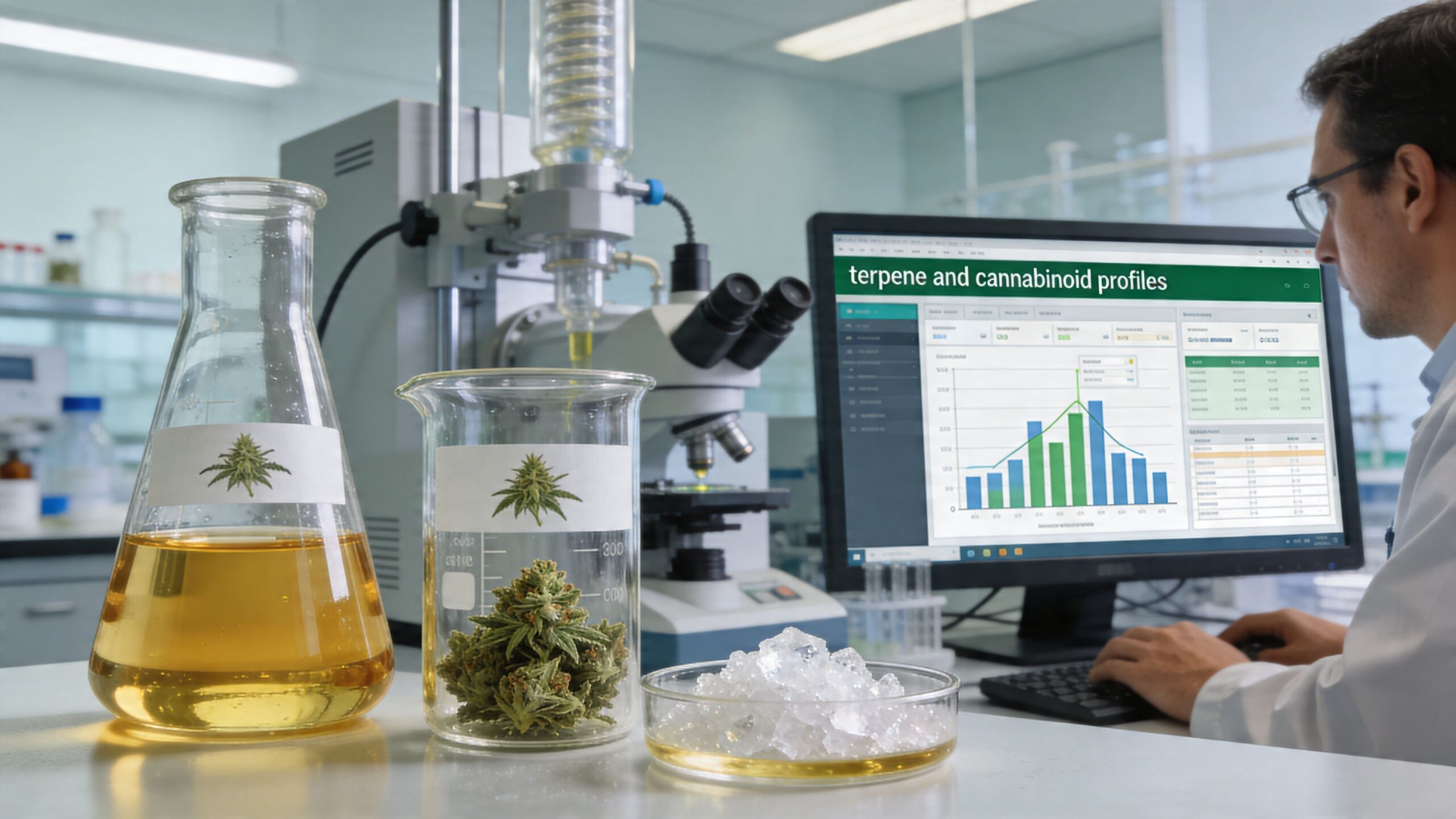A scientist working in a laboratory analyzing cannabis plant samples for terpene and cannabinoid chemical profiles.