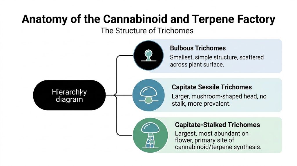 A diagram illustrating the three types of cannabis plant trichomes: bulbous, capitate sessile, and capitate-stalked structures.