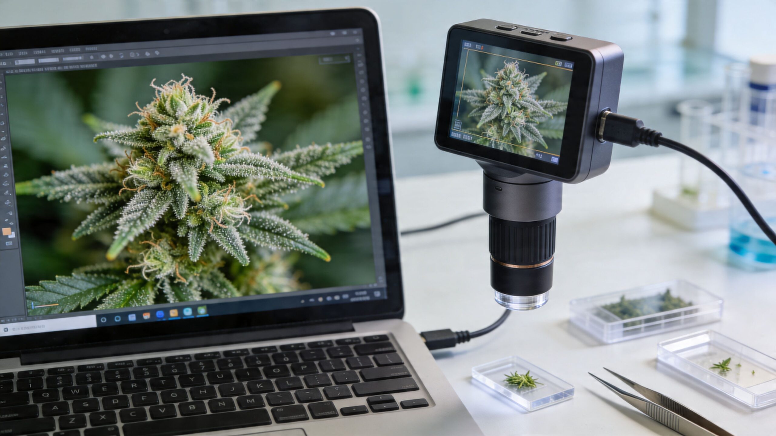 A digital microscope analyzes cannabis trichomes, with a close-up image displayed on a connected laptop screen.