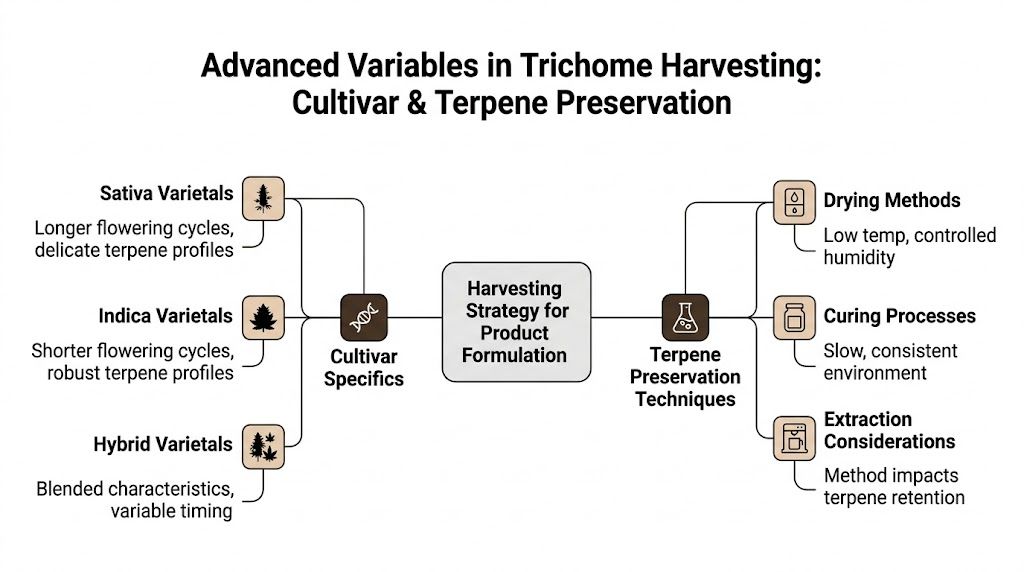 A diagram illustrating the variables of trichome harvesting, including cultivar specifics and terpene preservation techniques for cannabis.