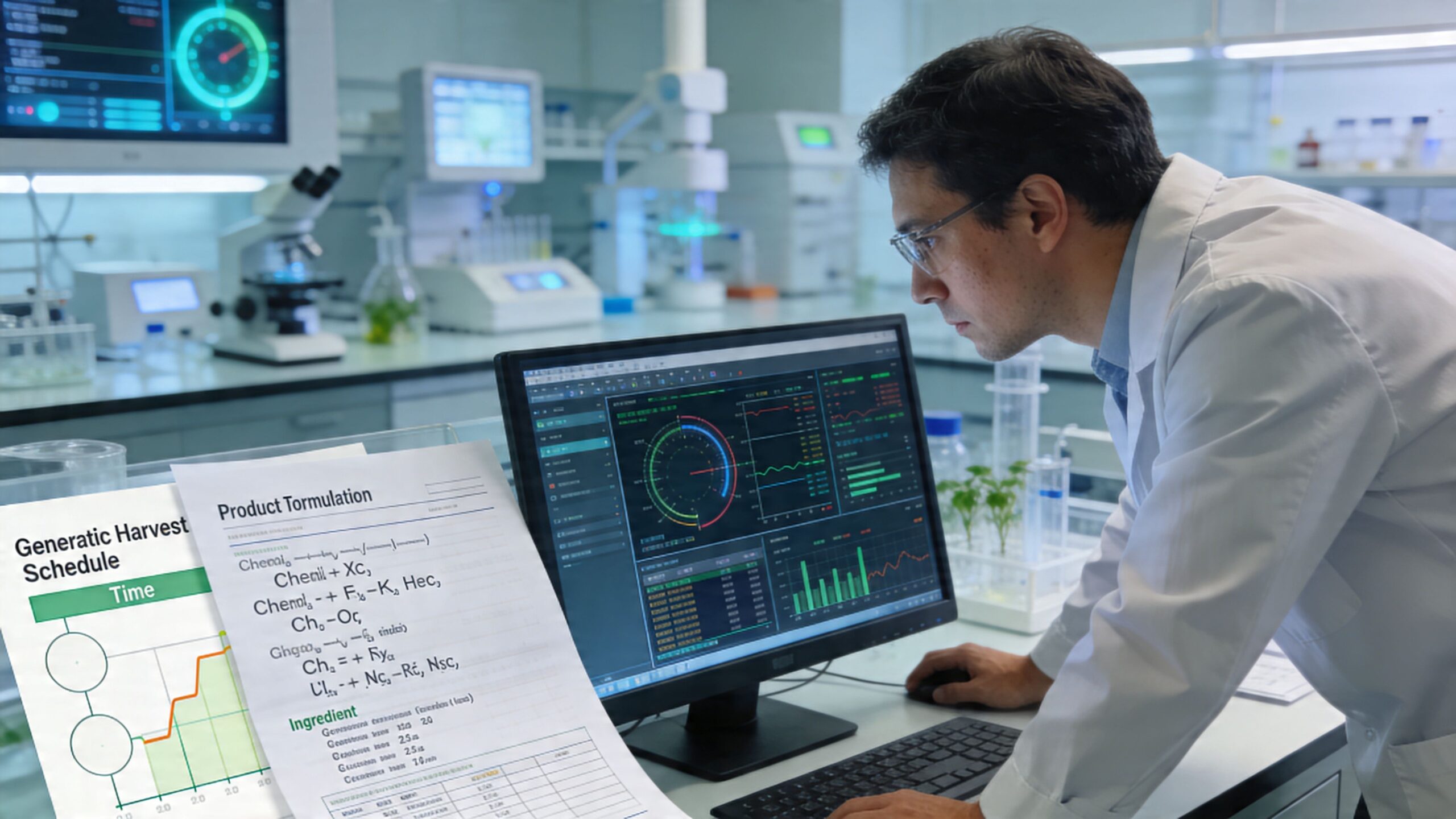 A focused laboratory researcher examines complex data and formulations on a computer monitor in a science facility.