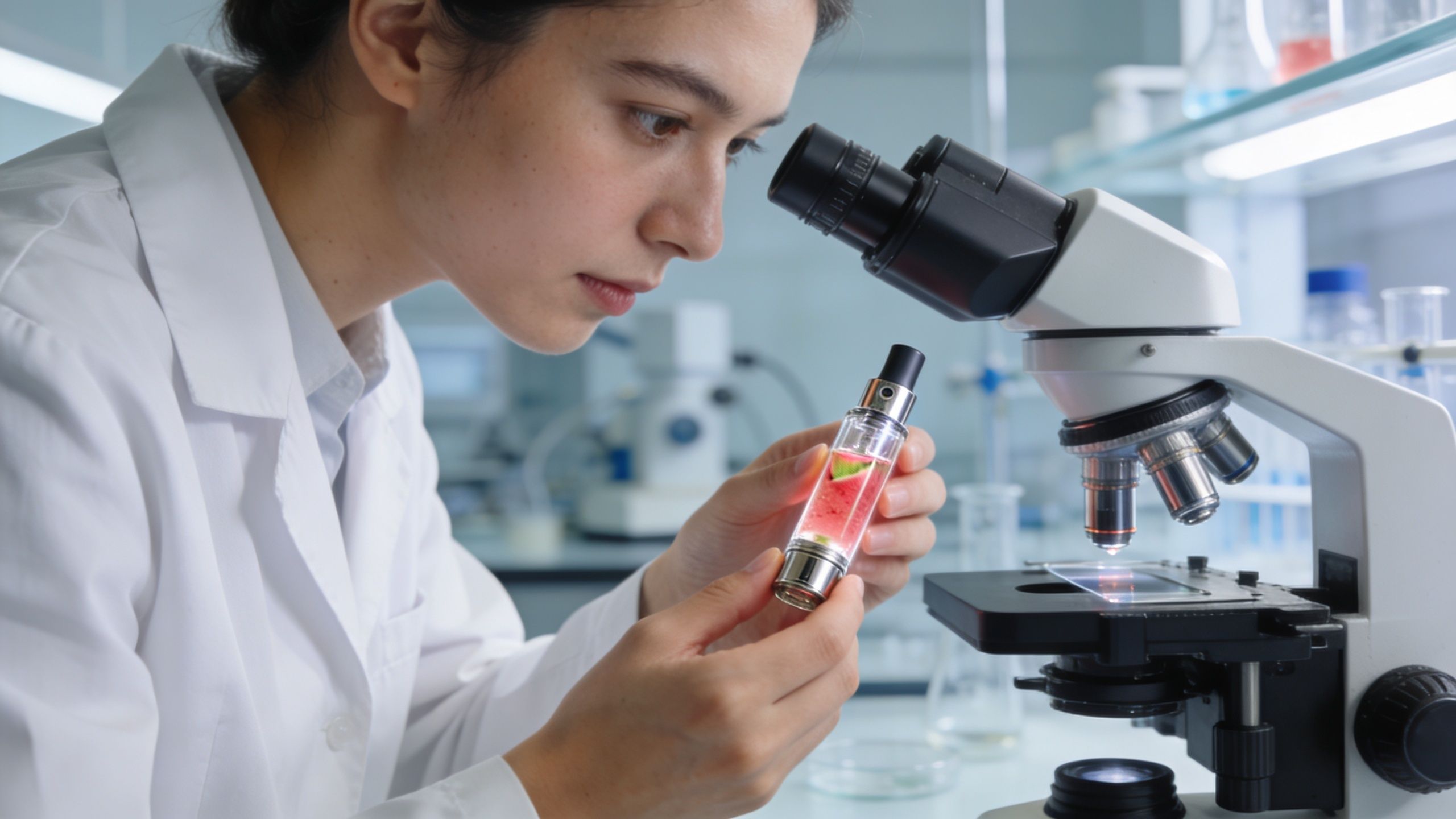 A scientist in a laboratory examines a vape cartridge containing watermelon-flavored liquid using a microscope.