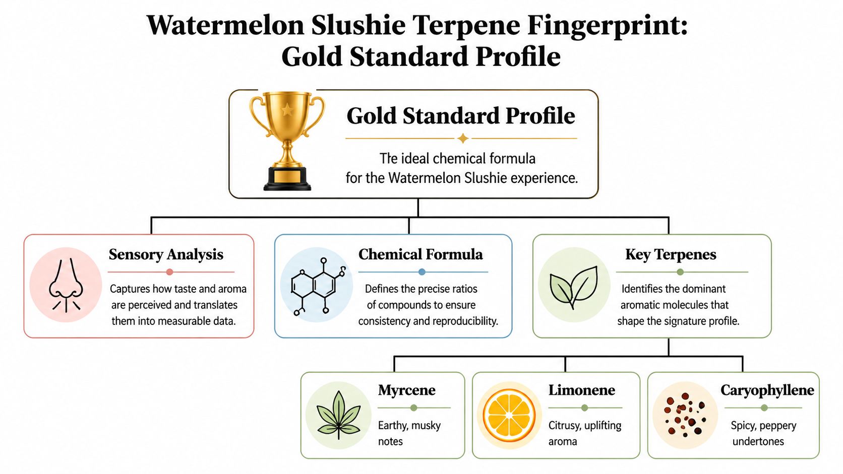 An infographic showing the Watermelon Slushie terpene profile, including sensory analysis, chemical formula, and key aromatic molecules.