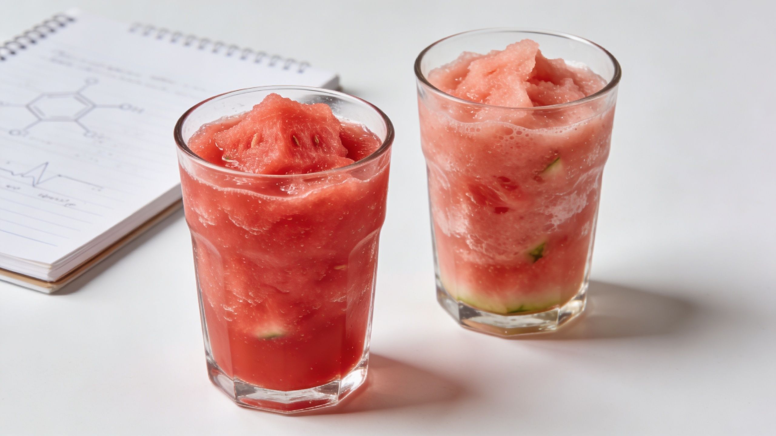 Two glasses of refreshing watermelon slushie drink sitting next to a notebook with chemical diagrams.