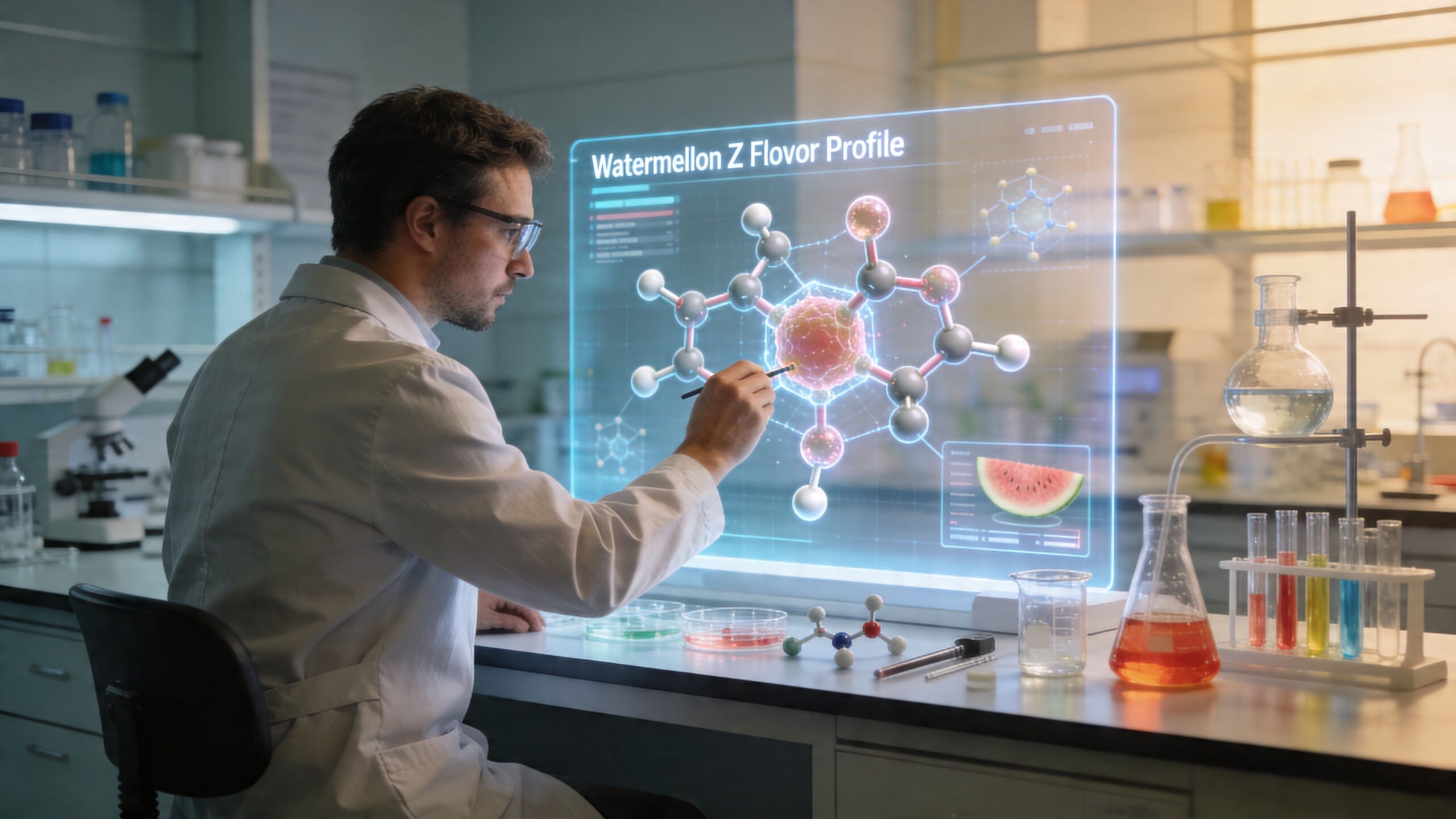 A scientist in a laboratory studying the molecular structure of the Watermelon Z flavor profile on a hologram.