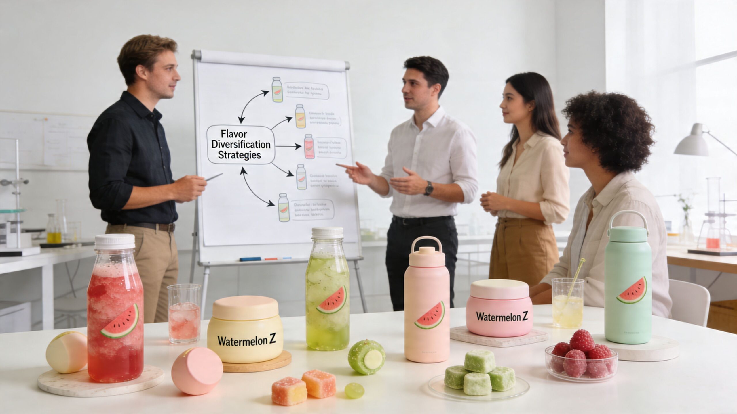 A professional team in a laboratory setting discussing product development with watermelon-flavored drinks and cosmetic jars.