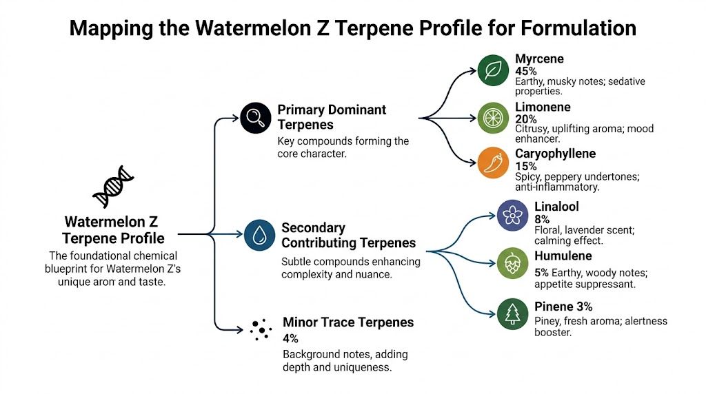 A detailed chart illustrating the terpene profile and chemical breakdown of the Watermelon Z cannabis strain.