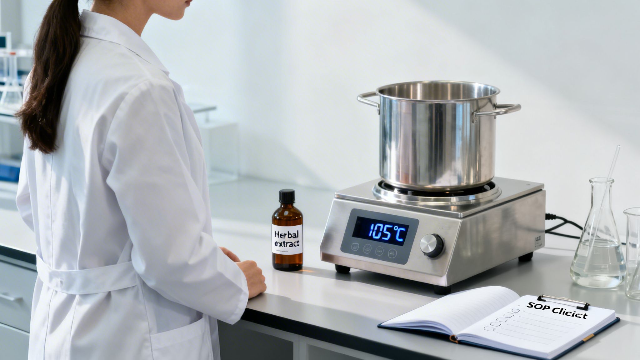 A person in a lab coat conducts an experiment, heating a pot on a hot plate with a herbal extract.