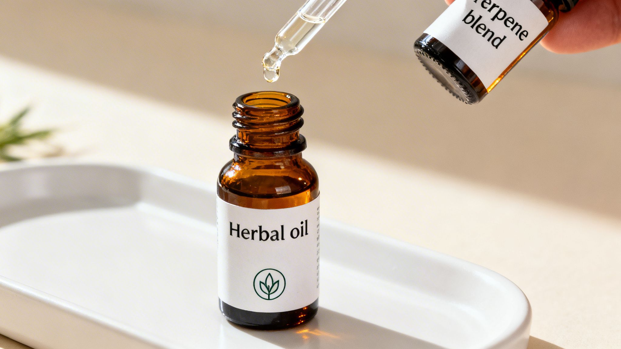 A dropper dispenses terpene blend oil into a brown bottle labeled 'Herbal oil' on a white tray.