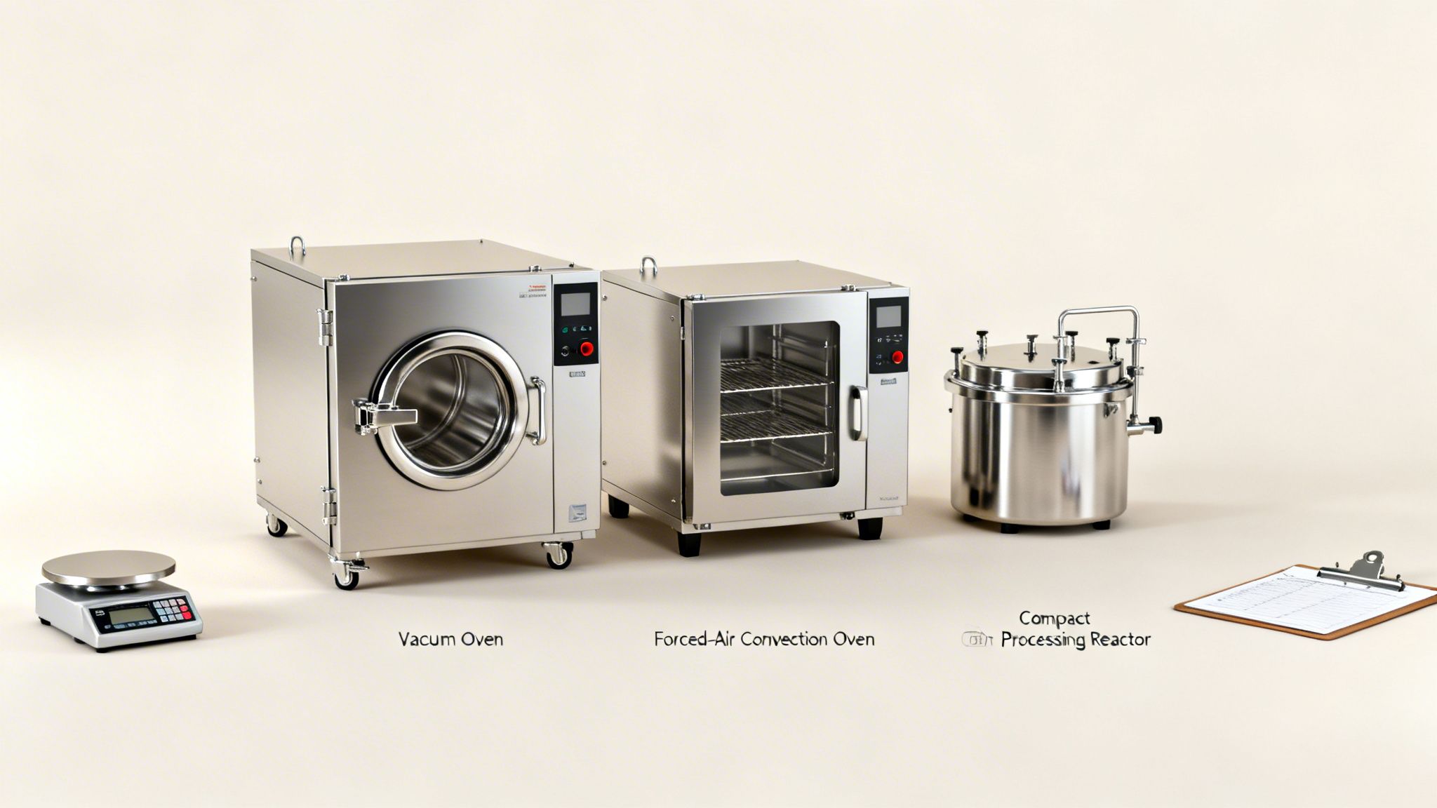 A studio shot showcasing various stainless steel laboratory and industrial equipment including ovens, a reactor, and a scale.