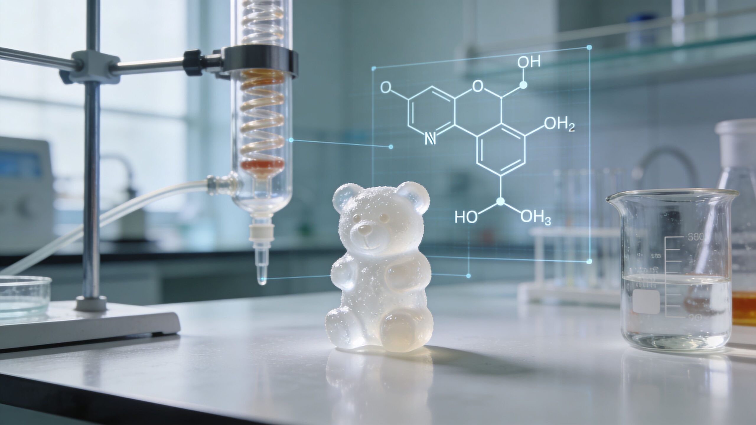 A clear gummy bear stands on a laboratory table next to a scientific chemical structure display.
