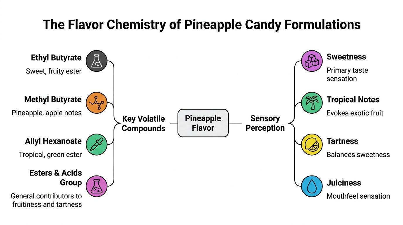 An infographic diagram explaining the chemical compounds and sensory perceptions contributing to pineapple candy flavor formulations.