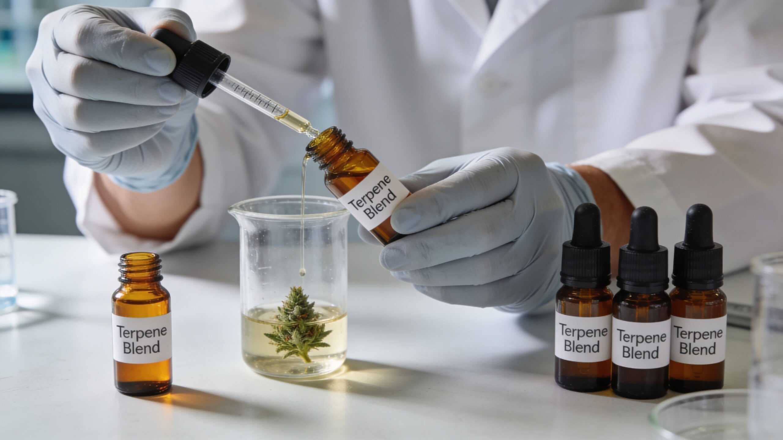 A laboratory scientist in gloves carefully adding terpene blend to a beaker containing a cannabis flower.