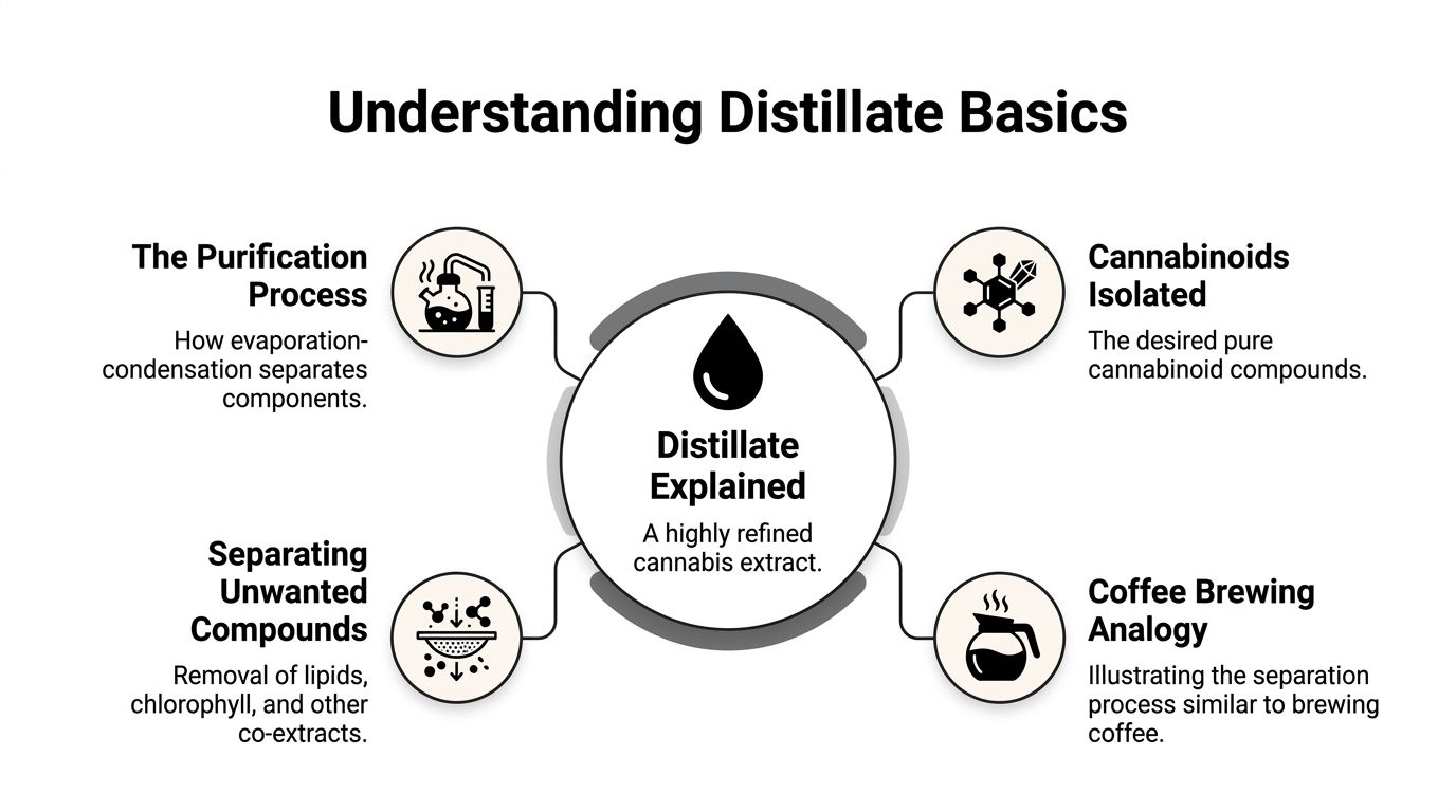 A diagram titled Understanding Distillate Basics, explaining the extraction process, cannabinoid isolation, and purification of cannabis oil.