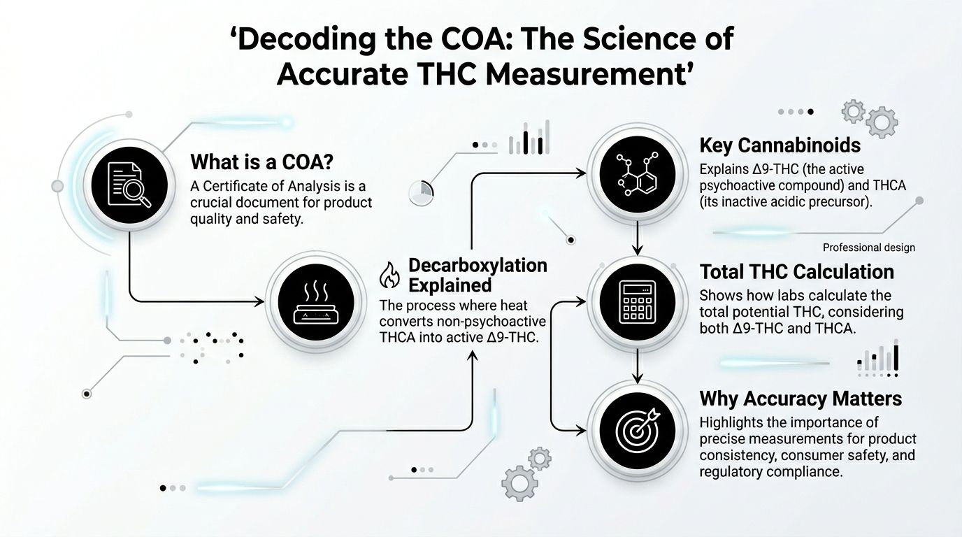 An infographic titled Decoding the COA explaining the science of THC measurement in cannabis products.