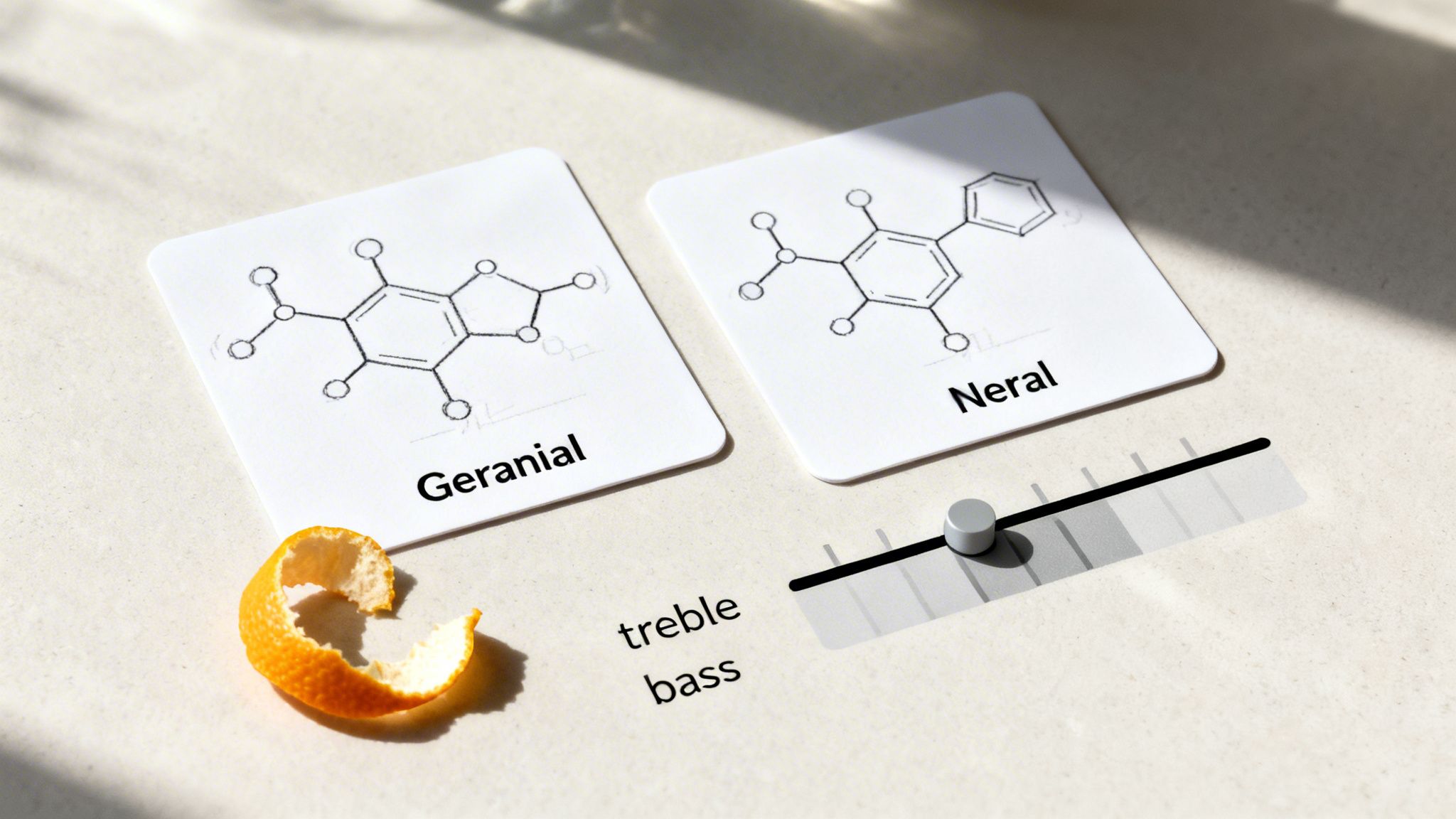 Close-up of Geranial and Neral chemical structures, an orange peel, and an audio equalizer slider.