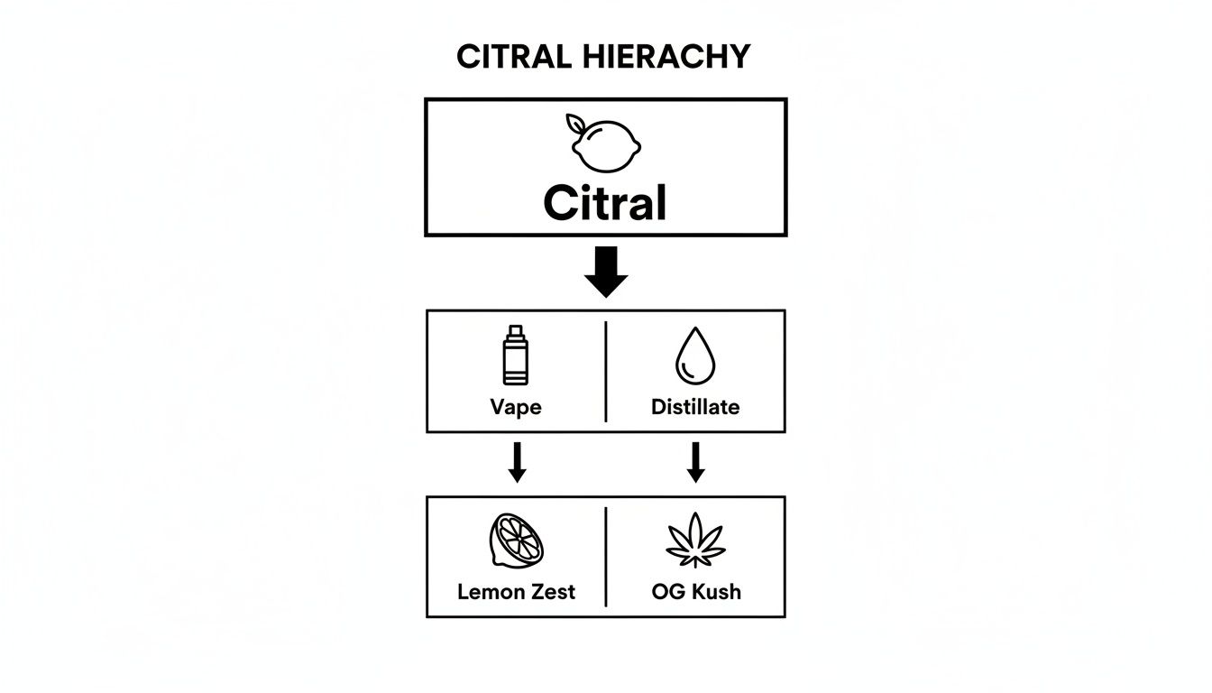 Hierarchy diagram illustrating Citral, breaking down into Vape and Distillate, leading to Lemon Zest and OG Kush.