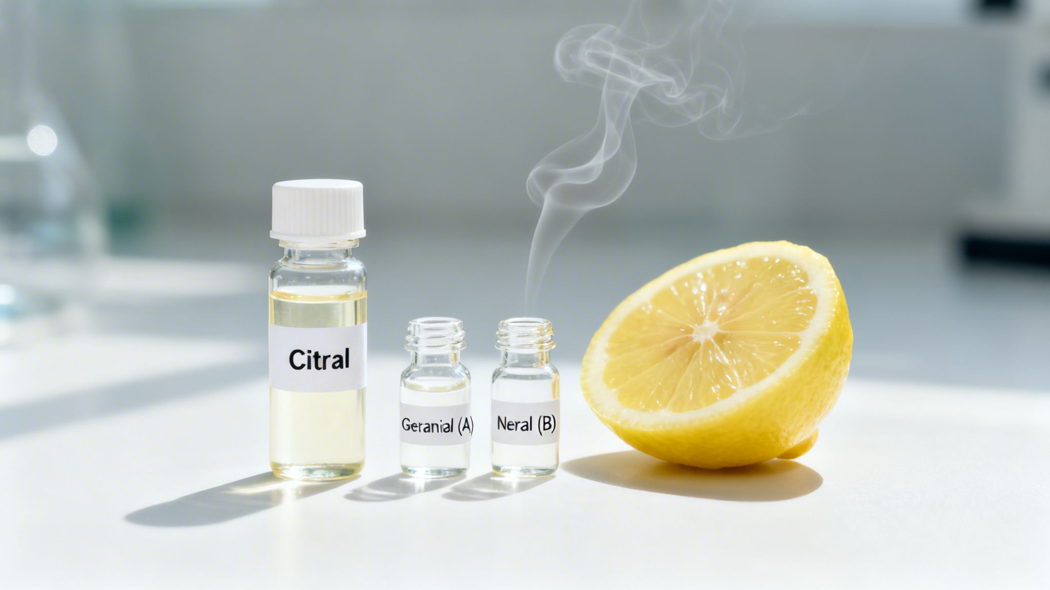 Vials of Citral, Geranial, Neral, a lemon half, and smoke on a white lab bench.