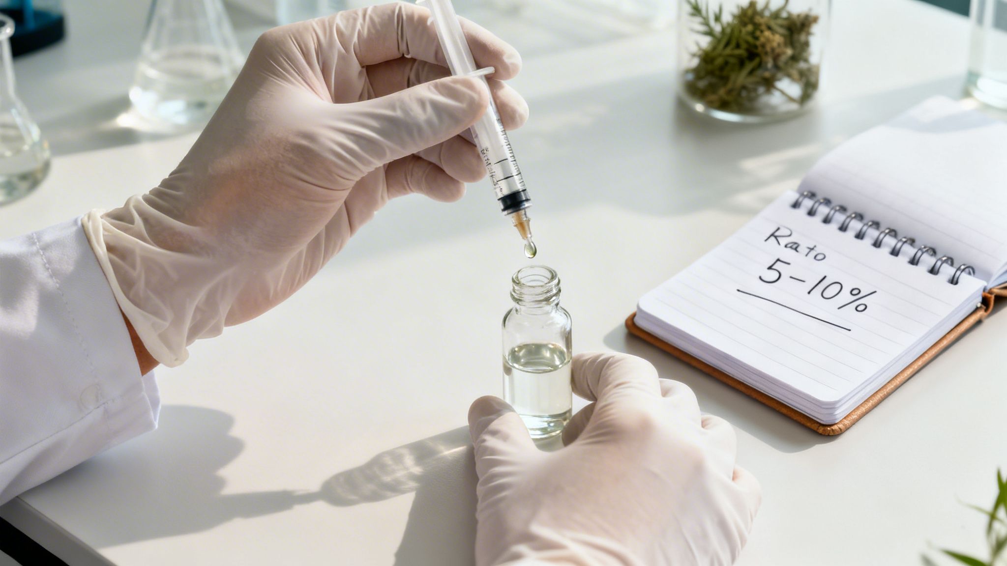 A gloved scientist accurately measures oil into a small bottle with a syringe in a lab setting.