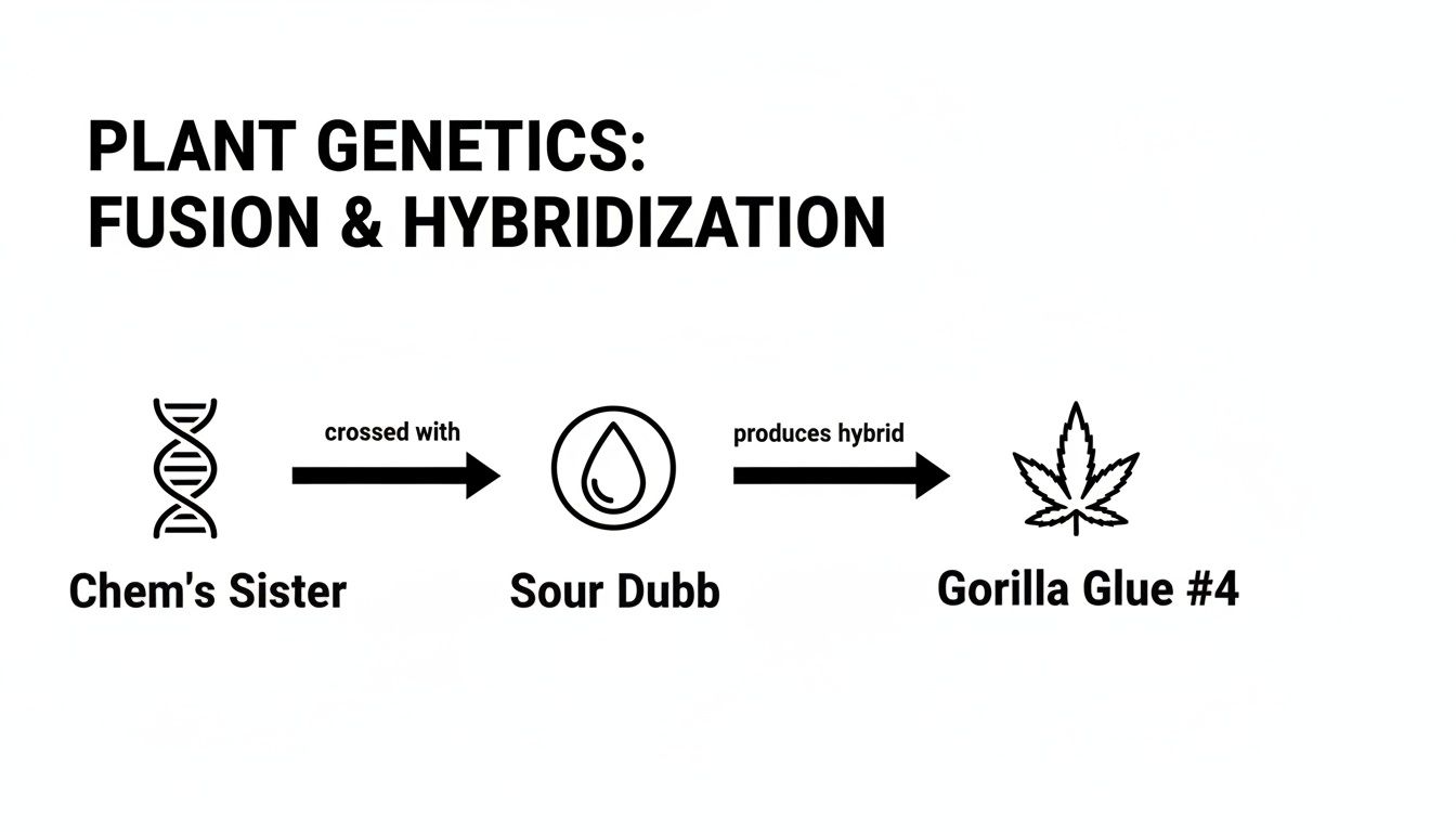Diagram illustrating the hybridization of Chem's Sister and Sour Dubb producing the Gorilla Glue #4 cannabis strain.