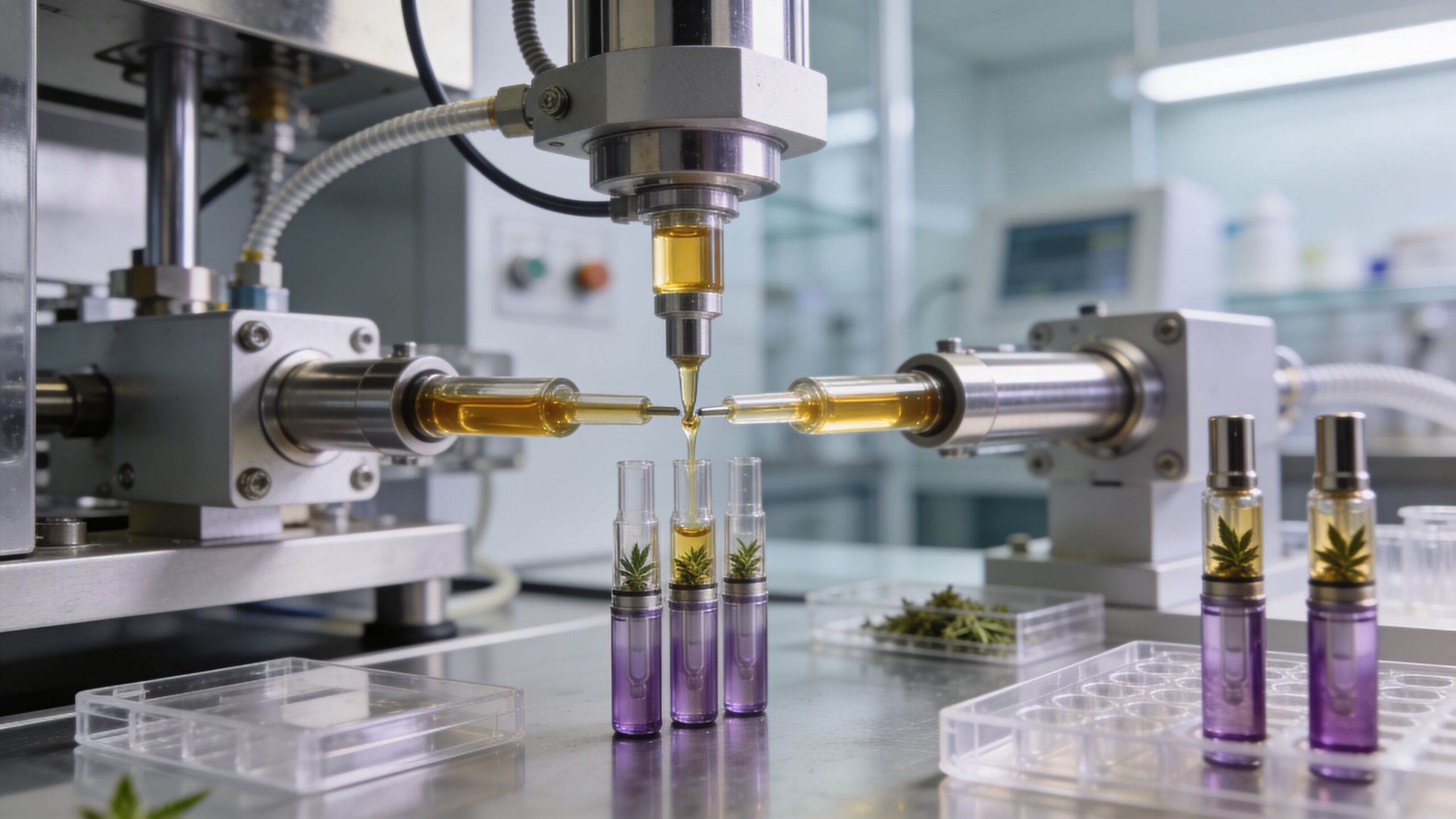 Automated laboratory equipment filling glass cartridges with cannabis oil extract for medicinal or recreational product manufacturing.