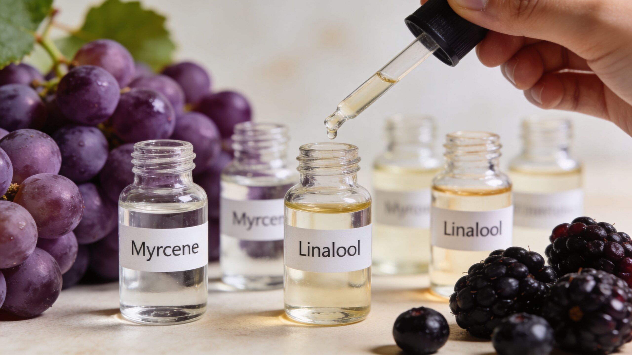A hand uses a dropper to add liquid to a glass bottle labeled Linalool, with terpenes and fruits nearby.