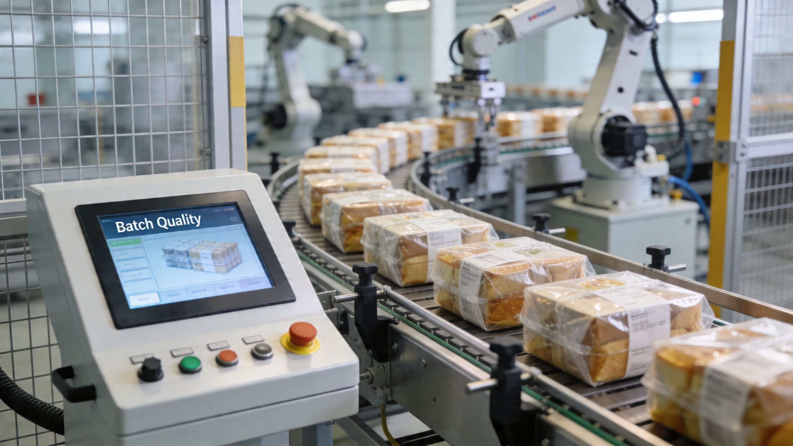 Automated robotic arms processing wrapped bread products on a conveyor belt in a high-tech food manufacturing facility.