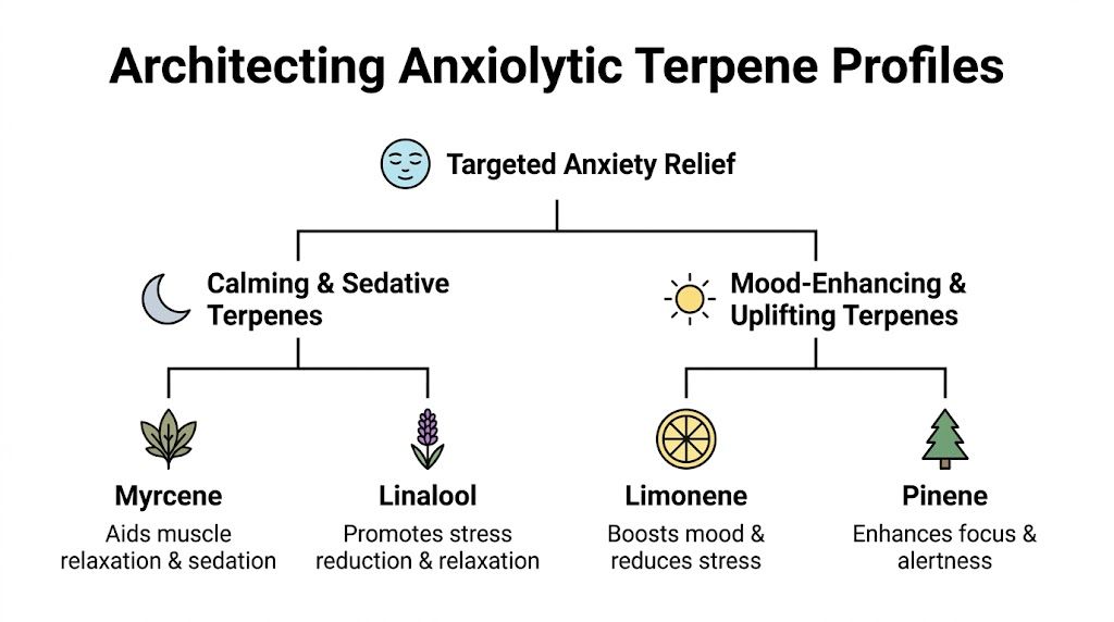 A diagram illustrating anxiolytic terpene profiles for anxiety relief, categorized into calming and mood-enhancing terpenes.