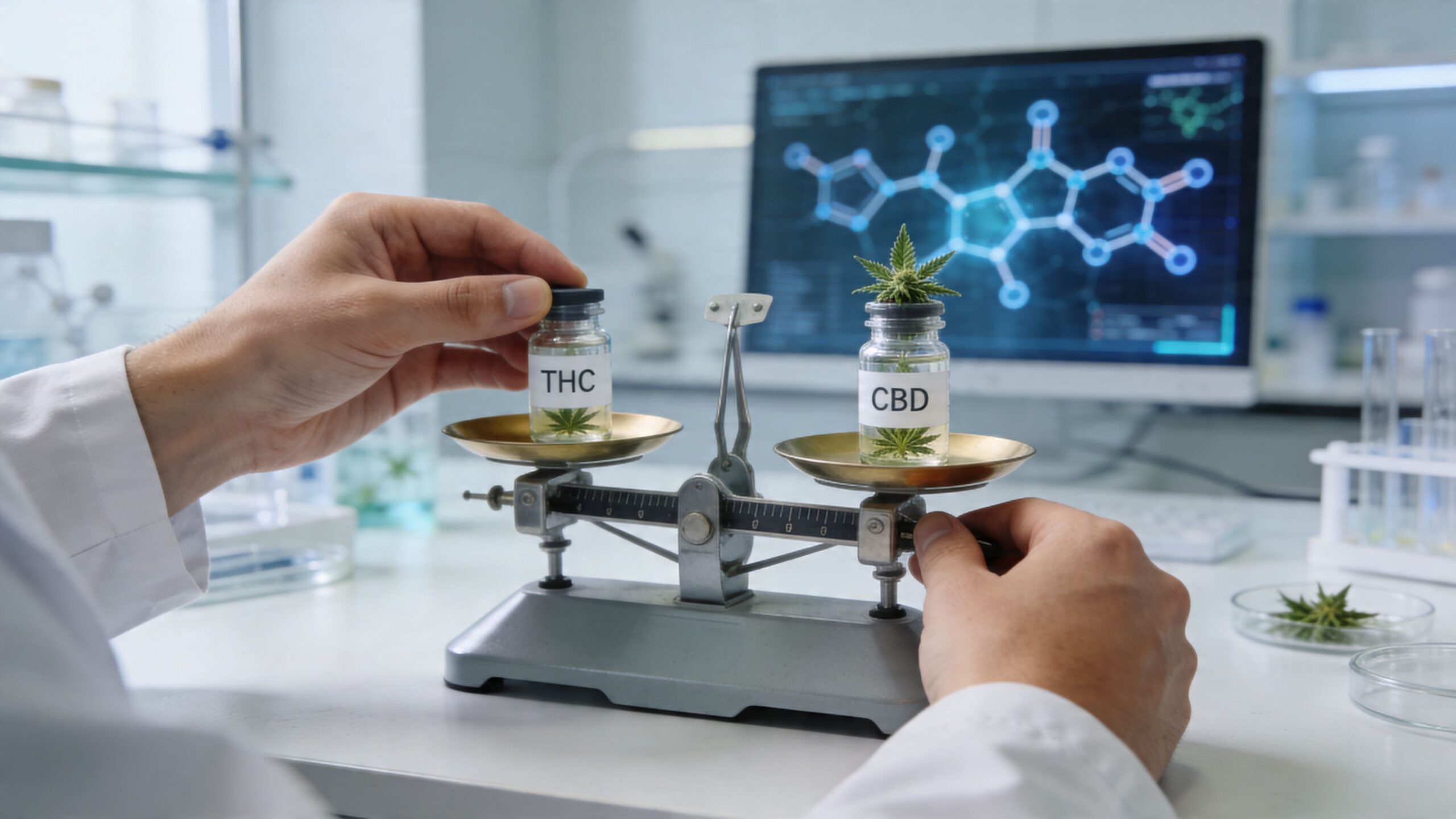 A scientist in a laboratory weighing glass vials labeled THC and CBD on a vintage balance scale.