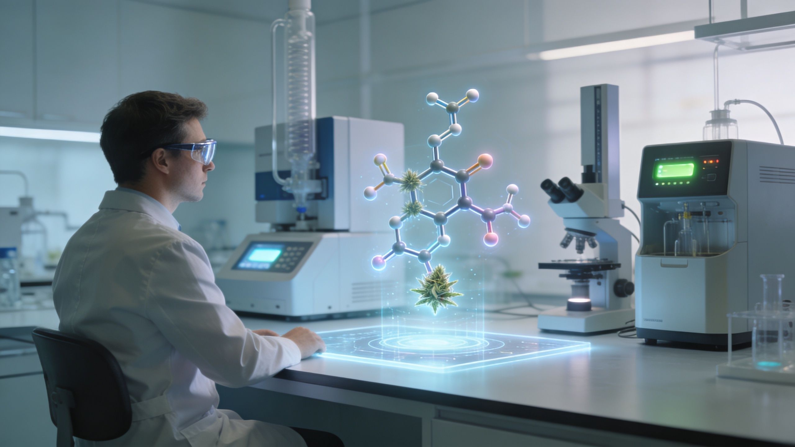 A scientist in a lab examining a digital holographic molecular structure of a cannabis terpene on screen.