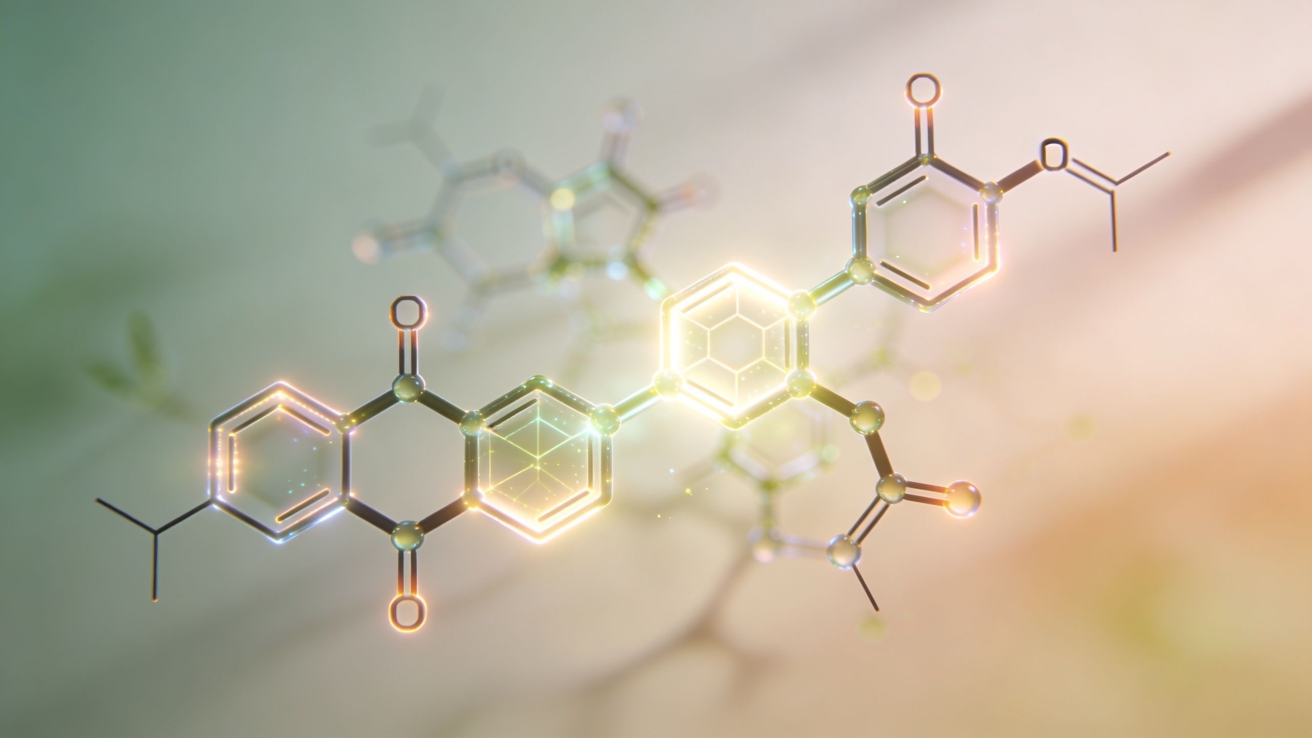 A glowing, 3D molecular structure representing chemical compounds floating against a soft, abstract gradient background.