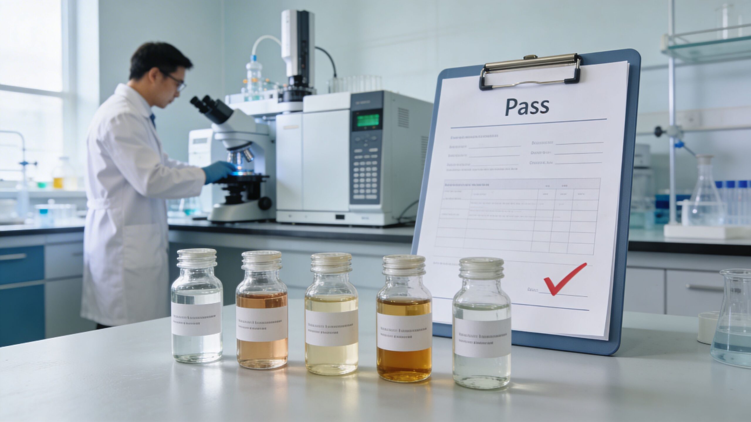 A scientist working in a lab with various liquid samples and a clipboard marked with a pass.