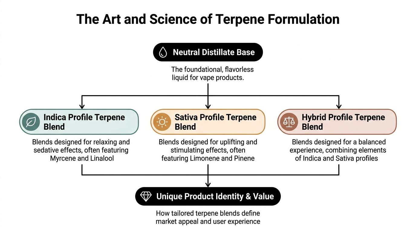 A diagram illustrating the art and science of formulating terpene blends for cannabis vape products.