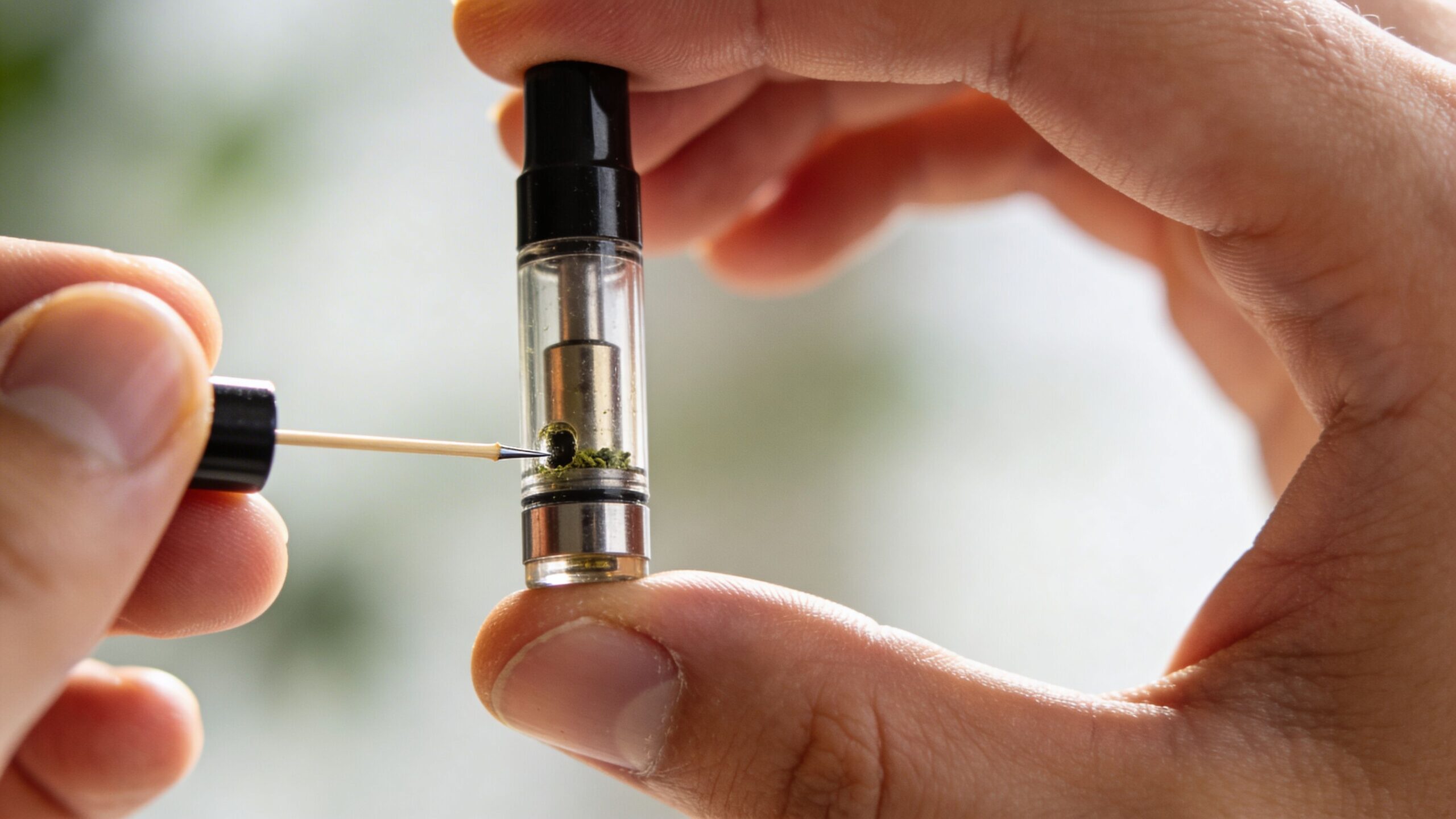 A close-up of a person using a small tool to place cannabis concentrate inside a vape cartridge.