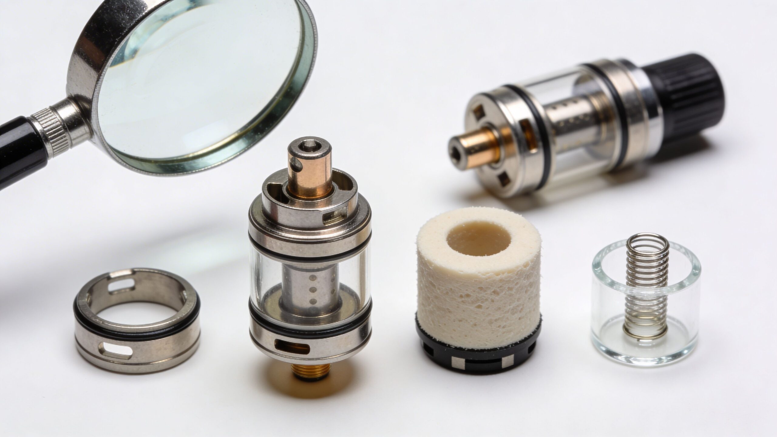 A disassembled vape cartridge and components with a magnifying glass isolated on a clean white background