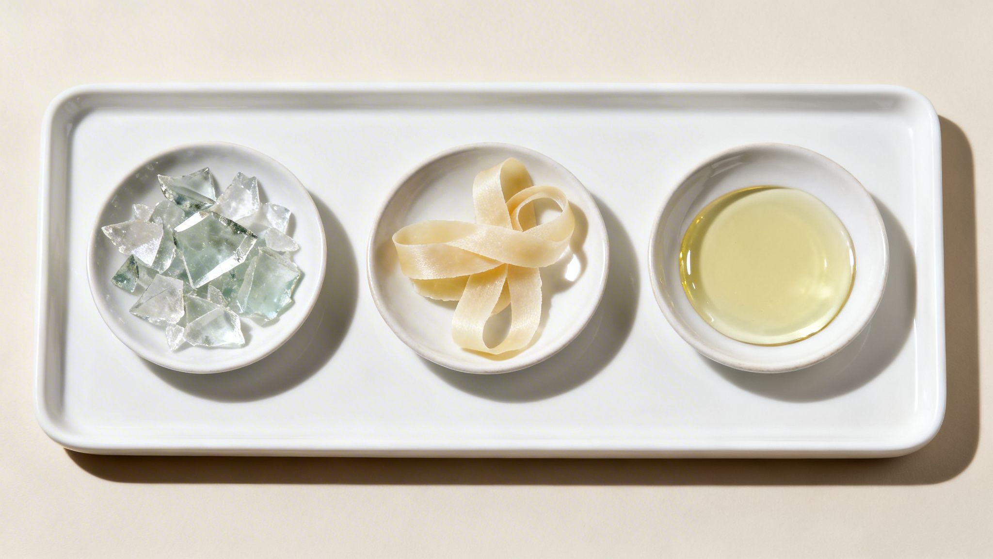 Three white bowls on a tray, holding light green crystals, beige ribbons, and yellow oil.