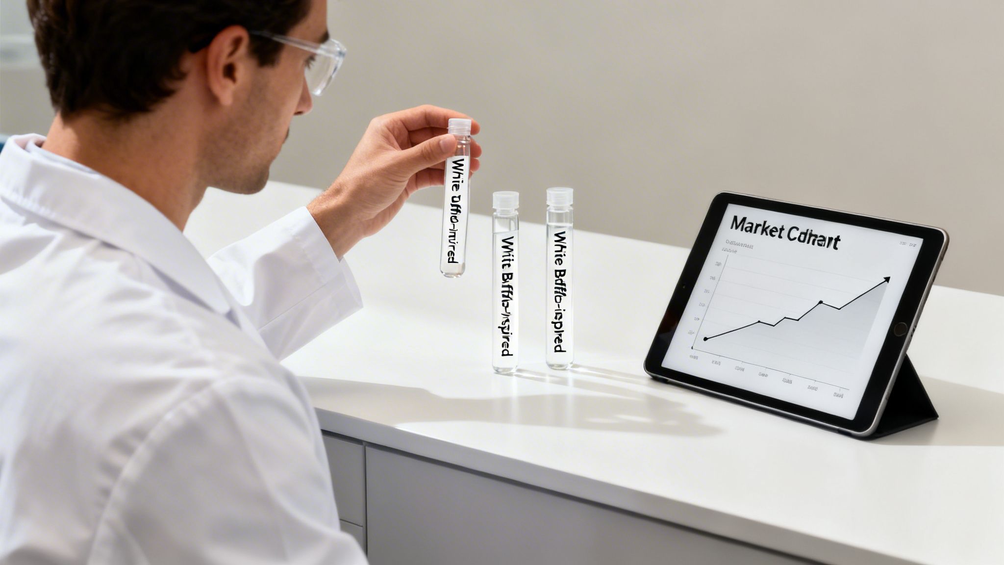 A scientist in a lab coat examines test tubes labeled 'White Buffalo' next to a market trend chart on a tablet.