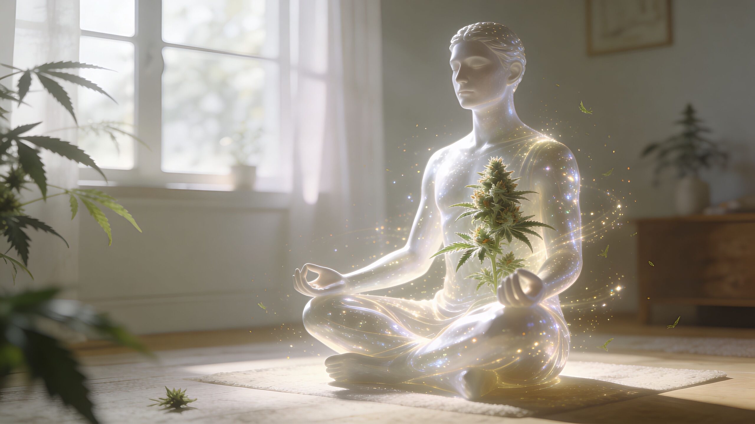 A glowing, ethereal human figure meditating in a room with cannabis plants and sparkling golden light effects.