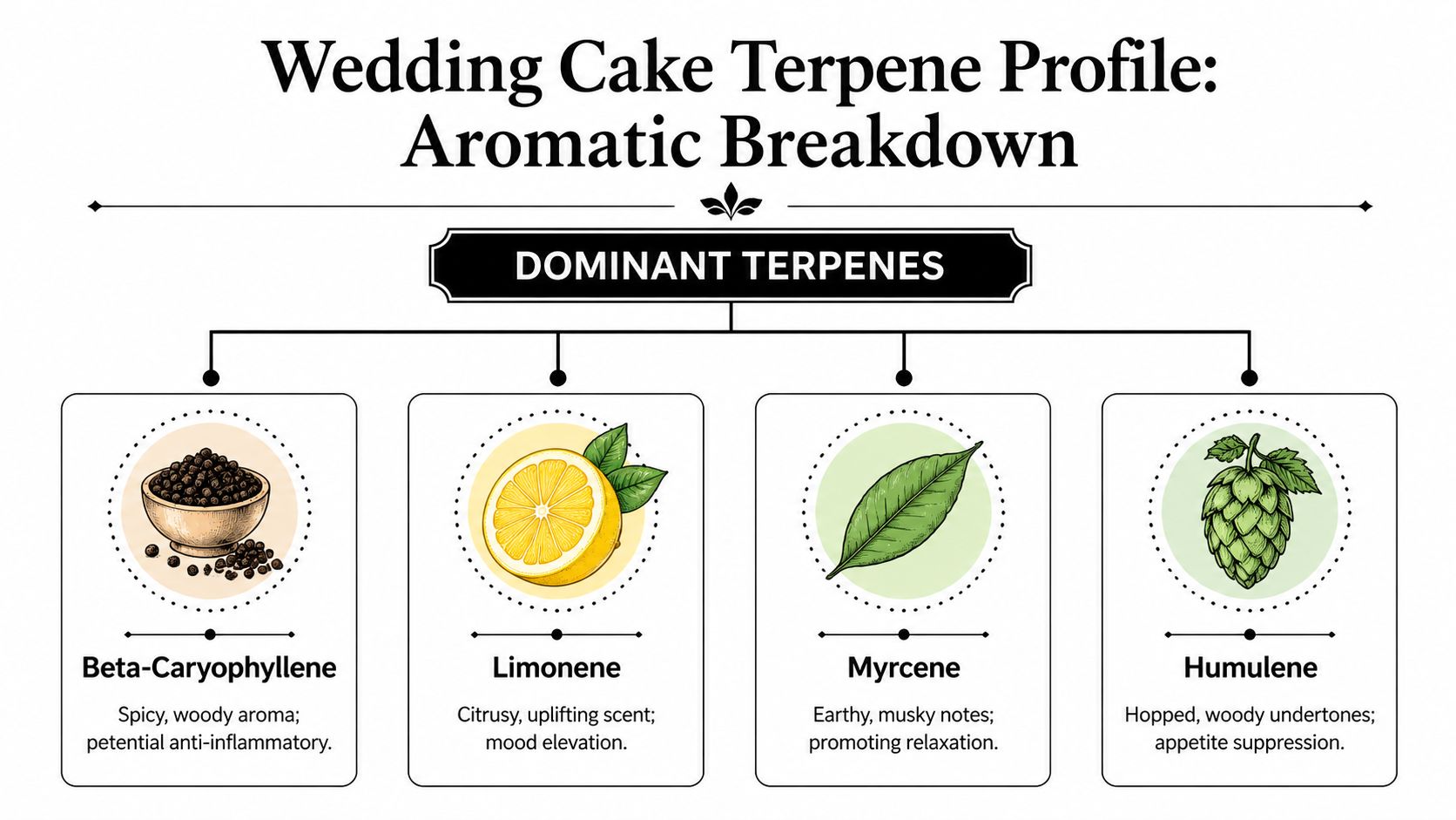 An infographic detailing the dominant terpenes found in the Wedding Cake strain, including their aromatic profiles and effects.