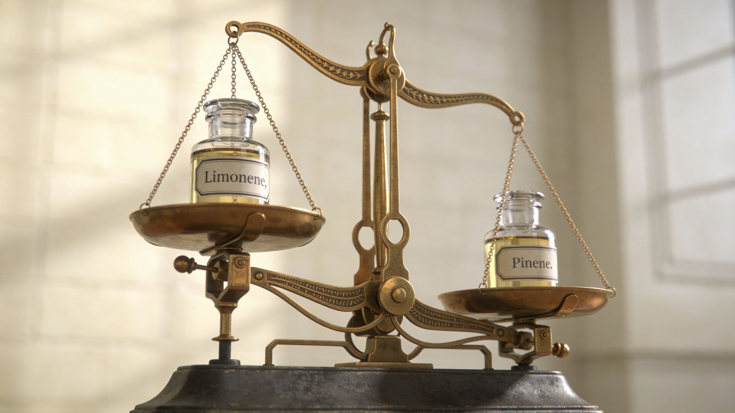 A brass antique balance scale holding glass apothecary jars labeled Limonene and Pinene on each side.