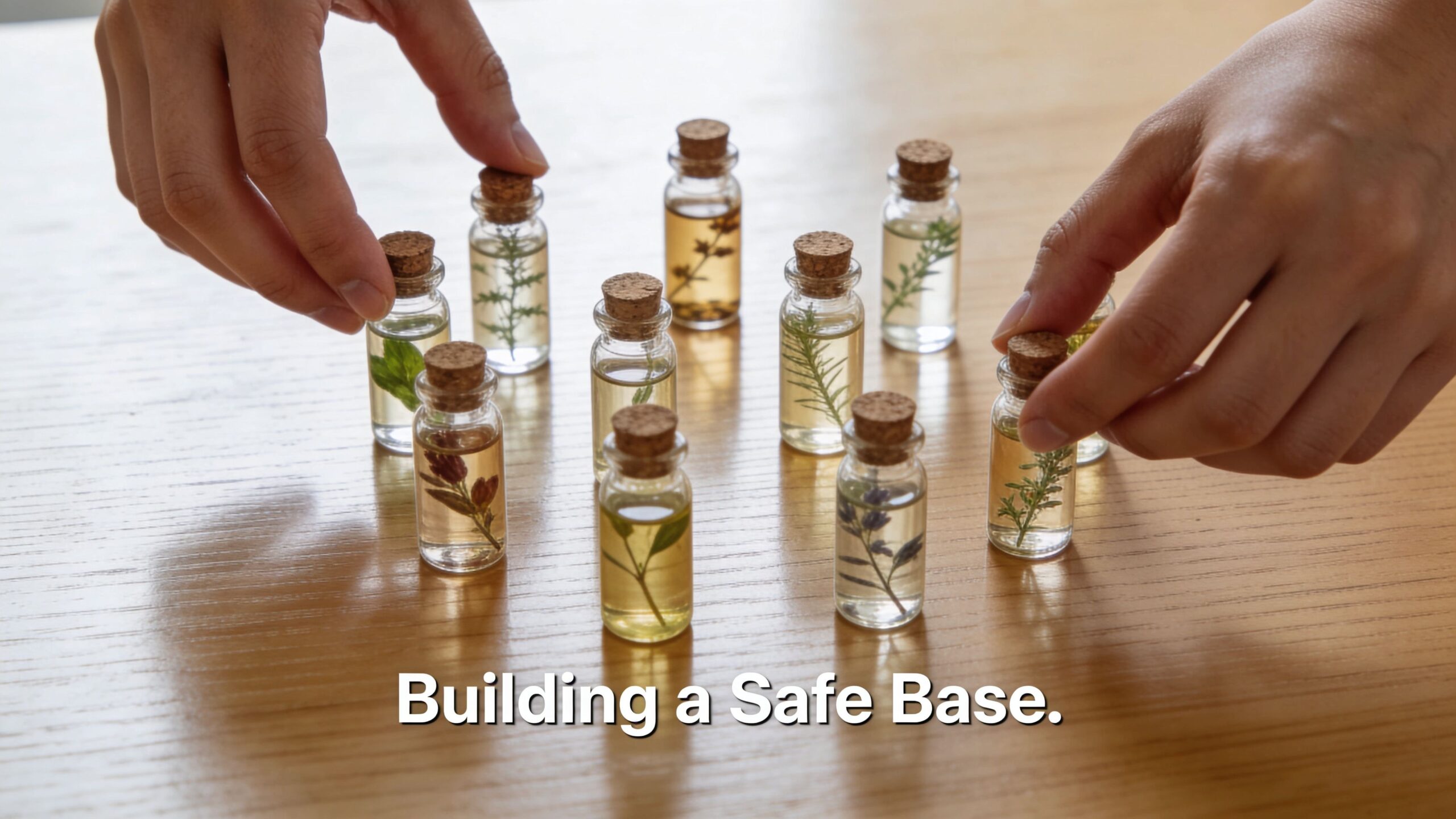 Hands arranging small glass bottles containing various herbs and essential oils on a wooden table surface.