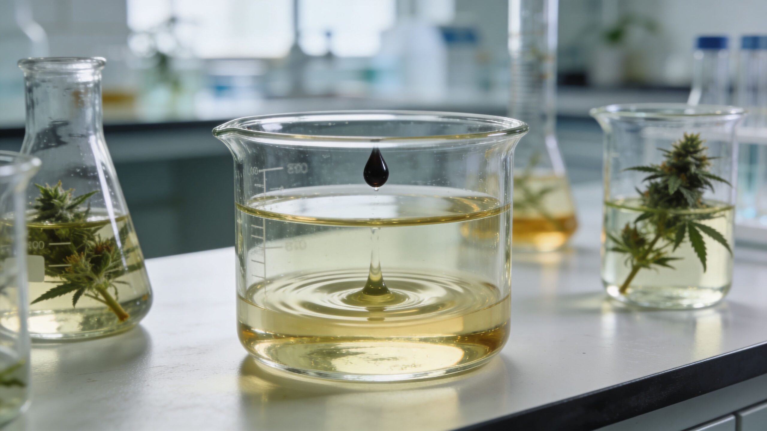 A chemical beaker filled with yellow liquid and a dark drop falling into the center, laboratory setting.