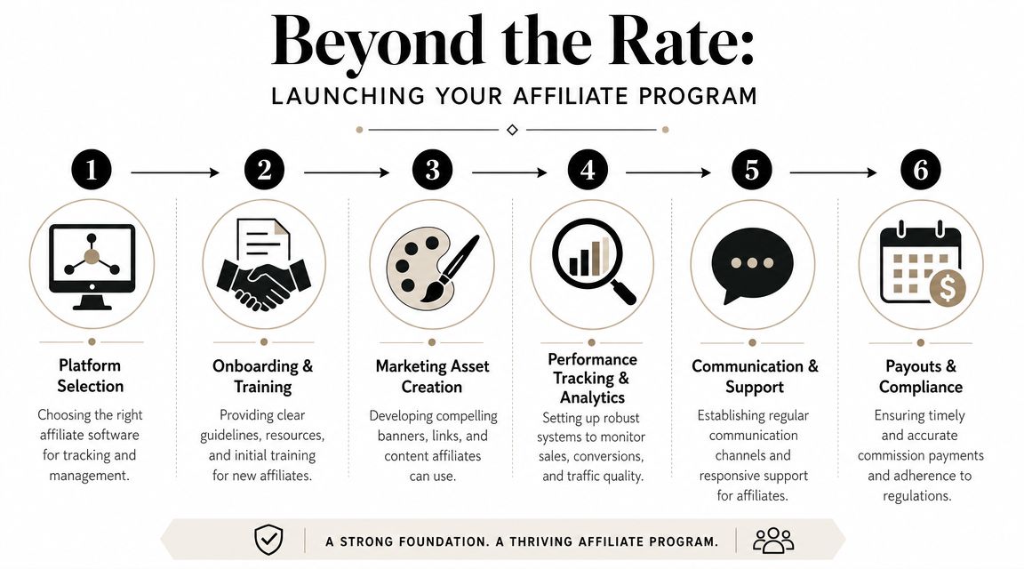 A flowchart detailing the six essential steps for launching a successful business affiliate program.