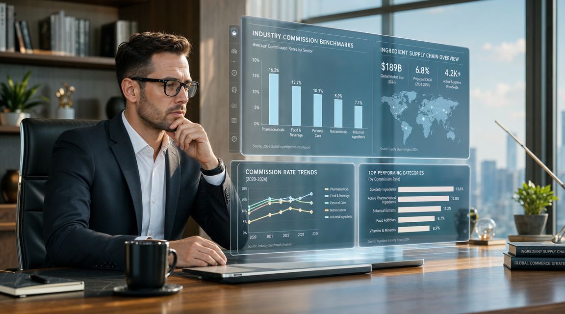 A professional man reviewing global industry commission rate benchmarks and supply chain trends on a digital display.