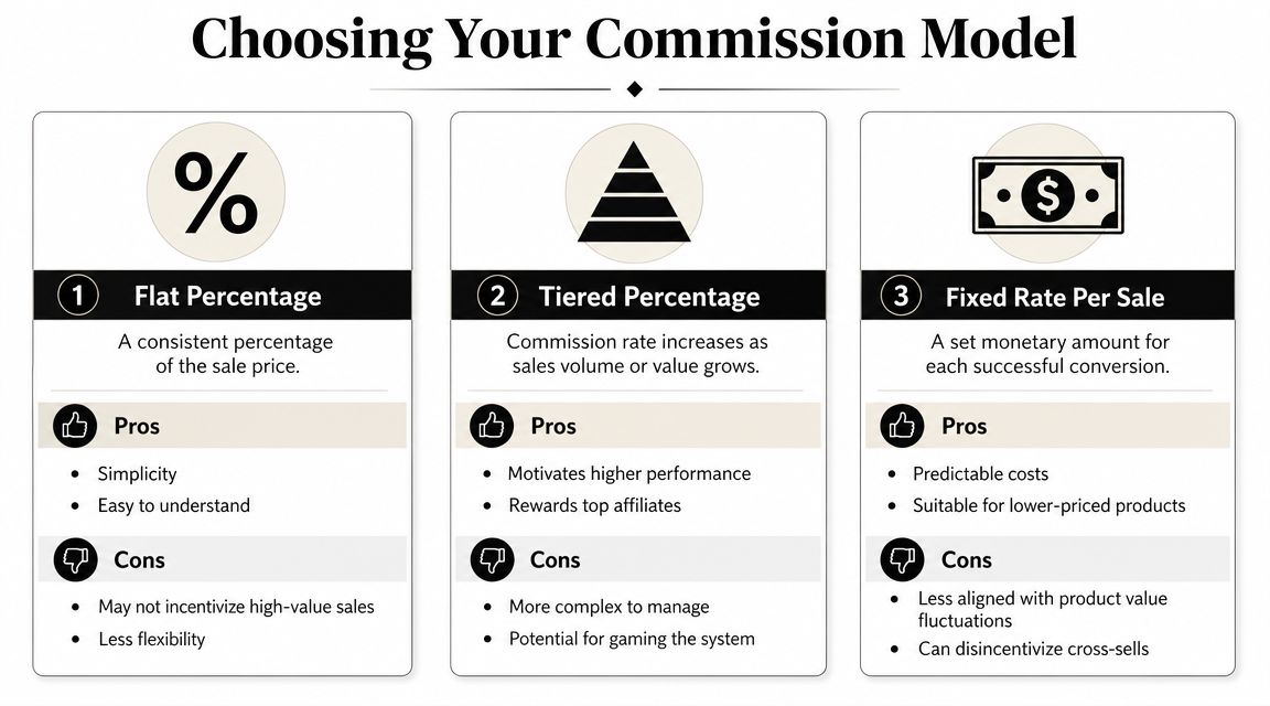 A comparison chart outlining three common commission models for affiliate programs: flat percentage, tiered percentage, and fixed rate.