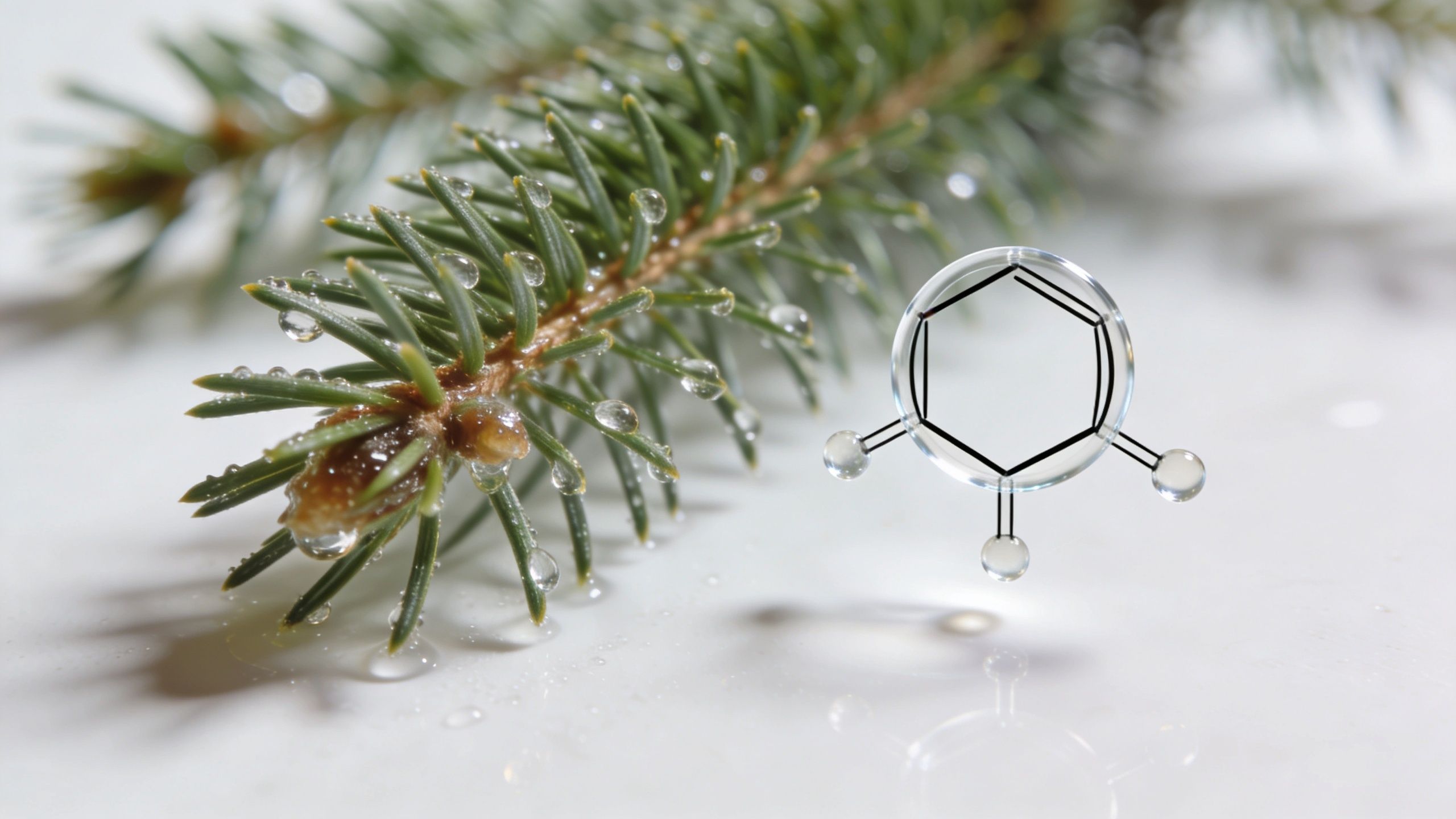 A pine needle branch with water droplets next to a floating chemical structure of alpha-pinene terpene.