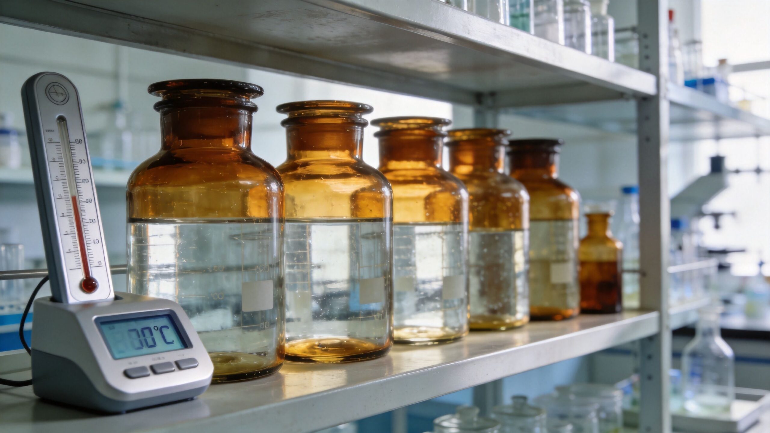 A line of amber glass lab bottles on a shelf next to a digital thermometer in a laboratory